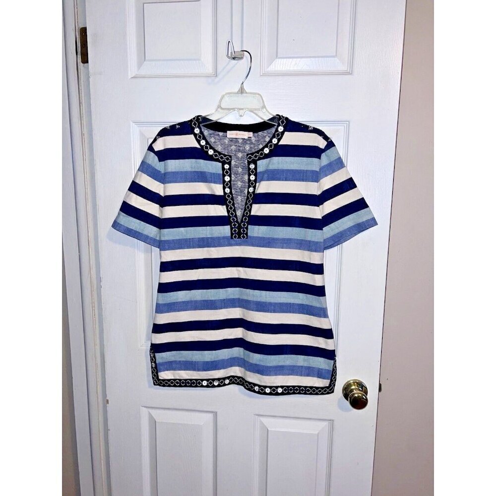TORY BURCH Embroidered Striped Sequined Short Sleeve Shirt Blue Ivory